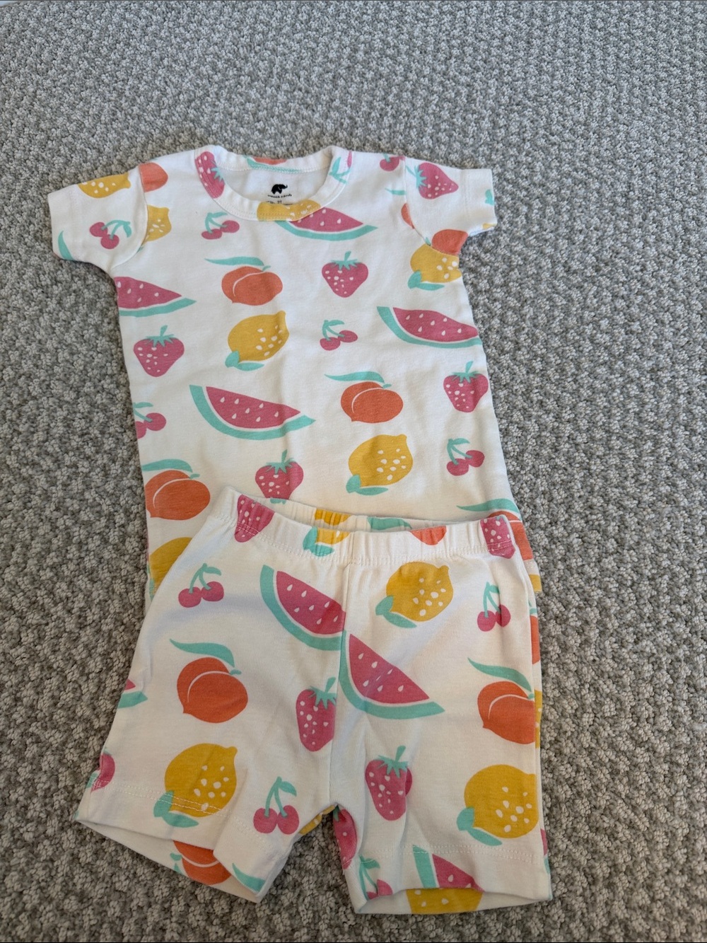 Kids Fruit-Print Short Pajama Set - White with Pink, Yellow & Teal Accents